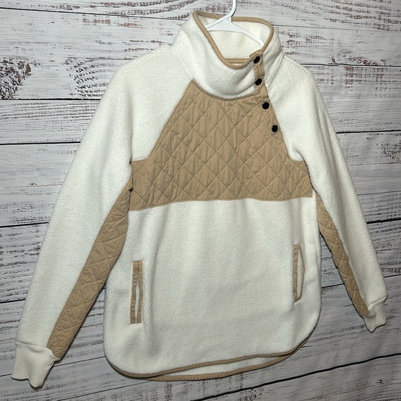 Abercrombie & Fitch Asymmetrical Snap Up Fleece Sweatshirt White and Tan Small - Picture 4 of 16
